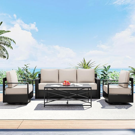 Outdoor Patio Furniture Set, 4-Piece Aluminum Patio Conversation Set All-Weather Metal Outdoor Sectional with 6 Inch Thick Cushions, Deep Setting for Garden, Outside and Porch