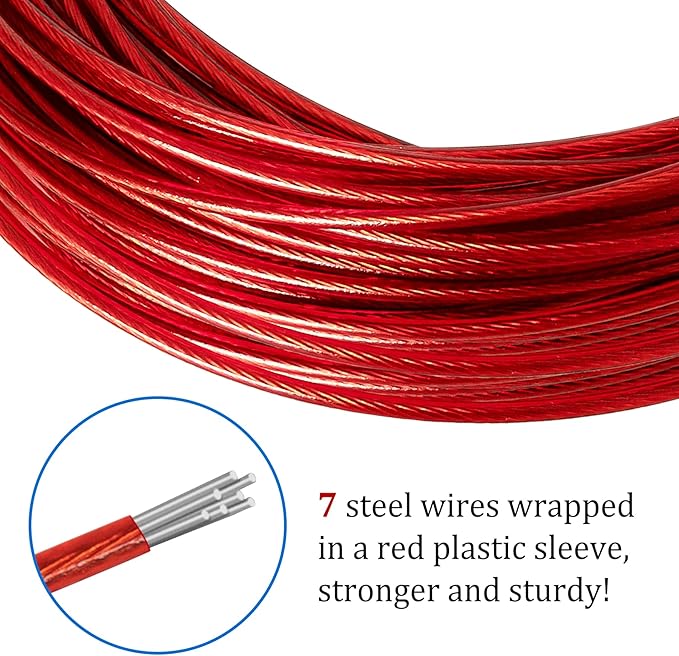 Belleone Swimming Pool Cover Cable and Winch Kit - 150ft Plastic-Coated Steel Pool Cover Wire & Aluminum Spring Loaded Pool Cover Ratchet for Above Ground Swimming Pool Winter Safe (Red)