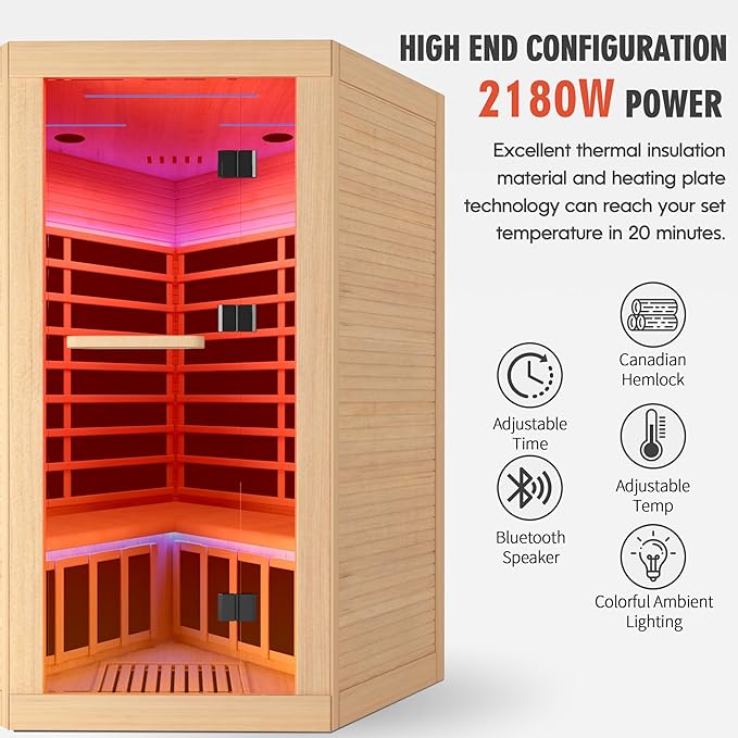 Sauna Room Far Infrared Saunas Home 1 to 3 Person Canadian Hemlock 2180W Low-EMF Dry Sauna with Oxygen Bar/7 Color Therapy/9 Heating Plates/Control Panel/Speakers 20-Year Aftersale