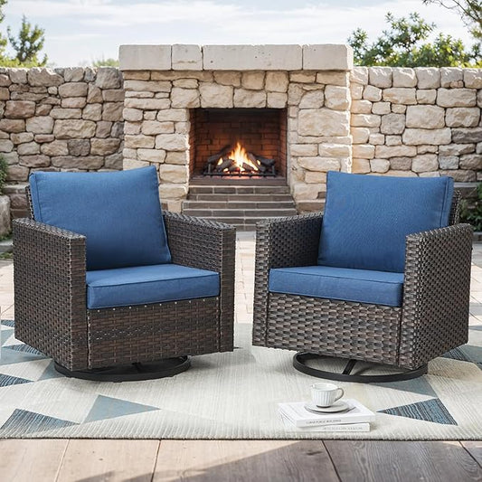 Rilyson Outdoor Patio Swivel Rocker Chairs - Wicker Patio Swivel Rocking Chairs Set of 2 with Waterproof Wicker,Comfortable Cushions and Sturdy Metal Frame for Outside Porch Deck Backyard(Brown/Blue)