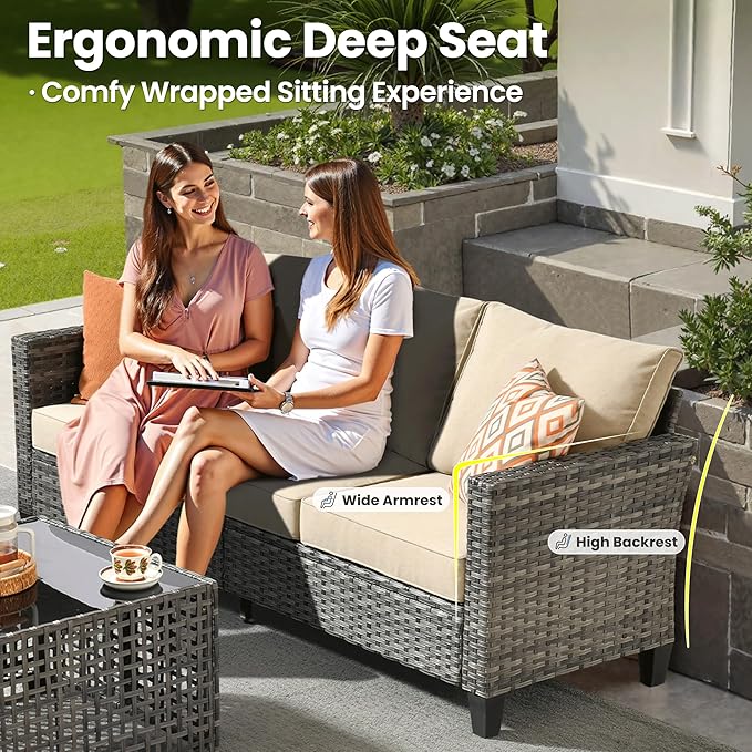 ovios 9 Pieces Patio Furniture Set with 54" Fire Pit Table, Outdoor Sofa Couch with Solar Lights Table Comfy Cushions, Modern Deep Seat Wicker Rattan Conversation Set, Beige