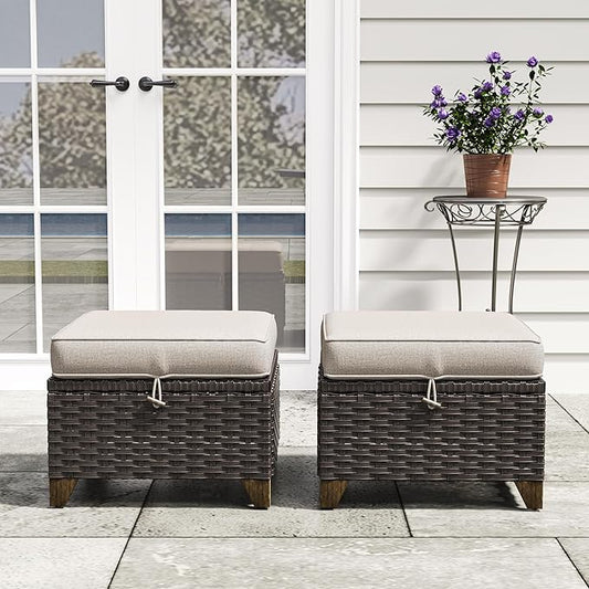 2 Pieces Patio Outdoor Ottomans with Removable and Washable Covers，PE Rattan Wicker Footstools for Porch, Garden, Sunroom (Beige)