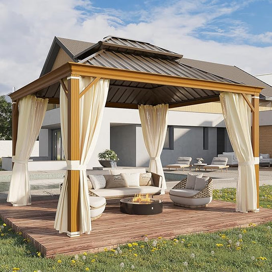 YOLENY 10' x 12' Hardtop Gazebo, Wood Grain Aluminum Frame Canopy with Galvanized Steel Double Roof, Outdoor Patio Gazebo with Netting and Curtains for Backyard, Patio, Lawns