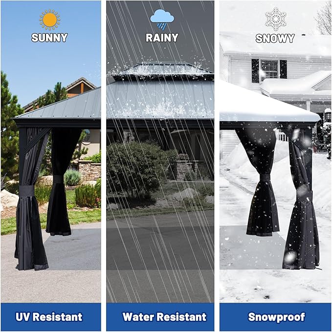 Outdoor Hardtop Gazebo for Patio 12x14FT with Resin-Galvanized Steel Roof, Metal Hard Top Gazebo with Gutters, Heavy Duty Gazebos All Season with Curtains & Netting, for Deck, Backyard, Hot Tub