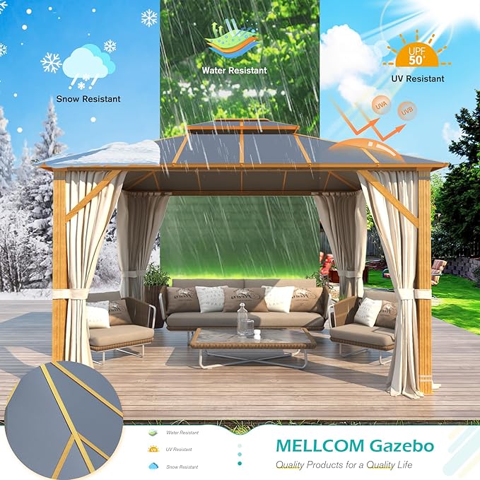 MELLCOM 10x12FT Hardtop Gazebo, Wooden Finish Coated Aluminum Patio Gazebo with Aluminum Composite Double Roof for Patio Lawn and Garden, Curtains and Netting Included