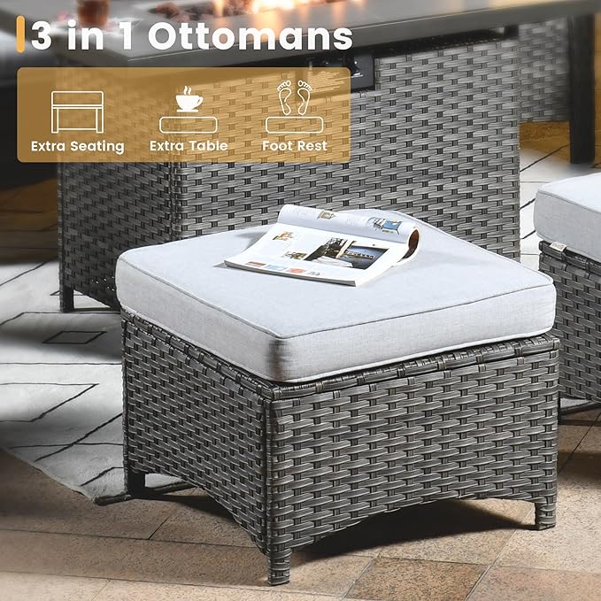 HOOOWOOO Patio Furniture Set,5 Piece Outdoor Furniture Set,Wicker Patio Conversation Couch Chairs Ottoman Set,Light Gray