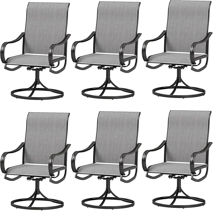 MFSTUDIO Outdoor Swivel Patio Dining Chairs Set of 6, High Back Breathable Textilene Patio Chairs for Balcony, Backyard, Deck, Garden (Light Grey Fabric, Black Frame)
