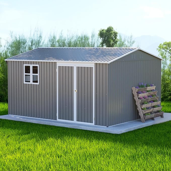 12x10 FT Outdoor Metal Storage Shed, Large Garden Tool Sheds with Lockable Doors, Waterproof Steel Utility Storage Building, Heavy Duty Equipment Shed for Backyard Patio Lawn Garden, Grey
