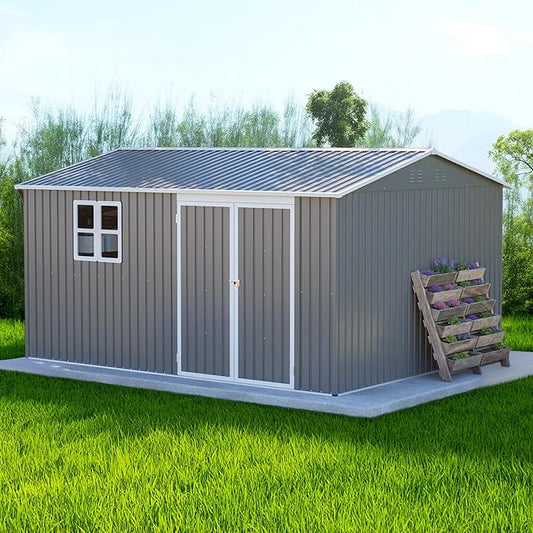 12x10 FT Outdoor Metal Storage Shed, Large Garden Tool Sheds with Lockable Doors, Waterproof Steel Utility Storage Building, Heavy Duty Equipment Shed for Backyard Patio Lawn Garden, Grey