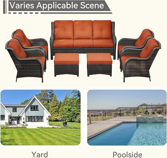 7 Pieces Outdoor Patio Conversation Set, Wicker Furniture Set Includes 3-Seat Sofa, Patio Rattan Dining Chair Set of 4, 2 Ottomans, for Porch, Yard, Mixed Brown Rattan, Orange