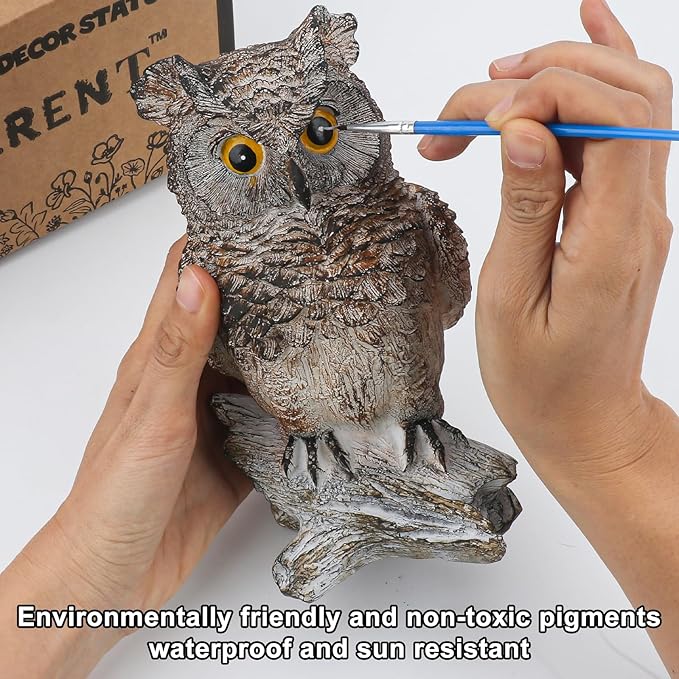 Owl Outdoor Statue Figurine Decoration, Hand-Painted Owl on Branch, Waterproof, Fade-Proof Sculpture for Garden, Patio, Home Decor Statue (Brown)