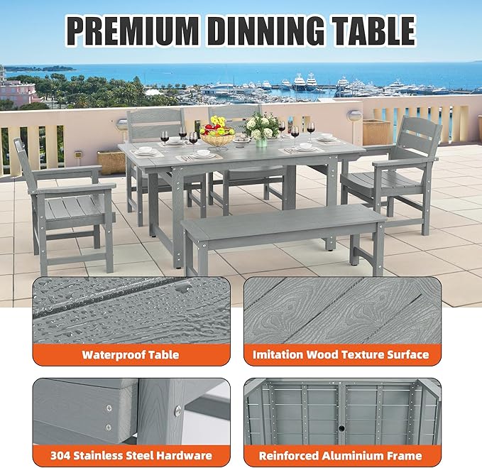 6-Piece HIPS Patio Dining Set, Outdoor Dining Table and Chairs Set with Umbrella Hole, Weatherproof Dining Table Set for 6 Person, Patio Furniture Set for Outside Deck, Grey