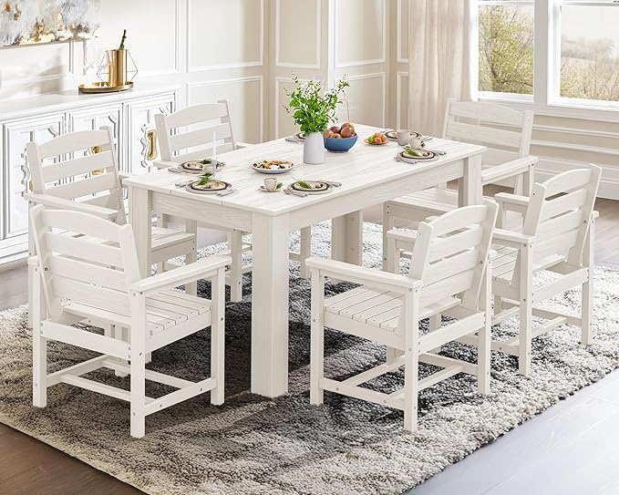 SERWALL Patio Dining Set for 6, Outdoor Dining Sets for 6 Person with 1 Umbrella Hole Cut-Out Rectangular Table and 6 Chairs, HDPE Dining Sets for Garden, Backyard, Poolside, White