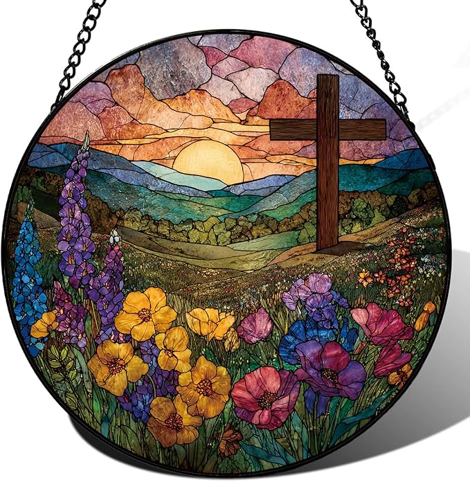 Wildflowers and Crosses Suncatcher -7.9 in Stained Glass Window Hanging Sun Catcher Garden Decor