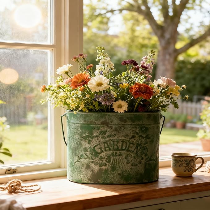 Vintage Distressed Green Metal Planter Pot with Handles, Garden No.2 Embossed Design, Rustic Farmhouse Flower Bucket for Indoor Outdoor Gardening, Succulents, Herbs, Home Decor