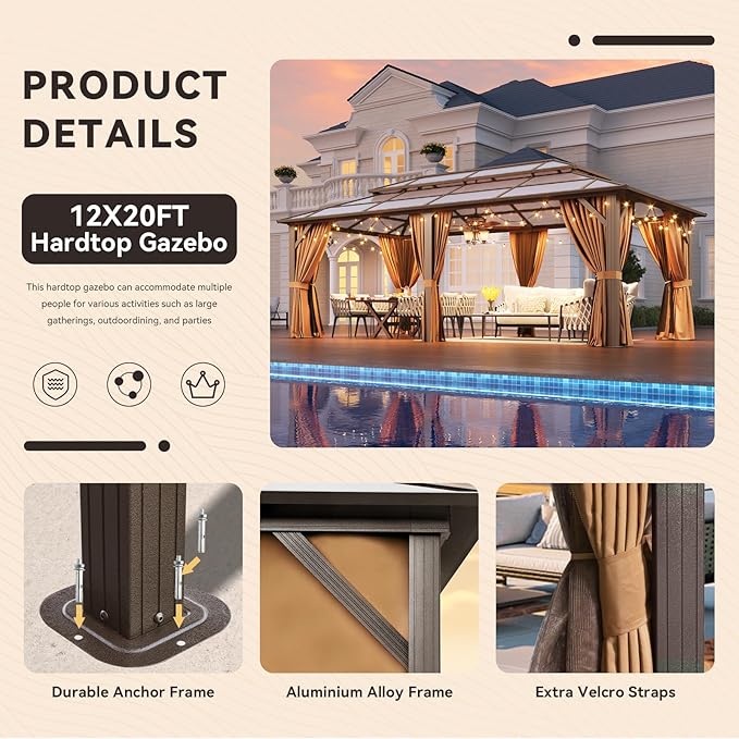 Aoxun 12'x20' Hardtop Gazebo, Aluminum Frame Permanent Pavilion with Netting and Curtains, Outdoor Polycarbonate Double Roof Canopy, Designed for Lawn, Garden, Patio (Brown)