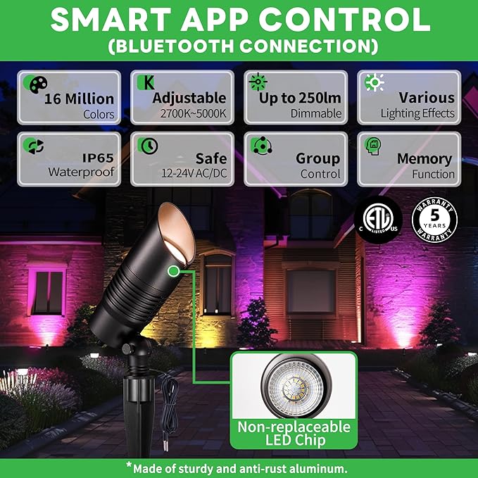 Smart Landscape Spotlights Low Voltage - RGBCW 5W LED Outdoor Uplight, 12V Landscape Spot Lights App Controlled, IP65 Waterproof Wired Aluminum, Black for Exterior House Tree Garden Yard