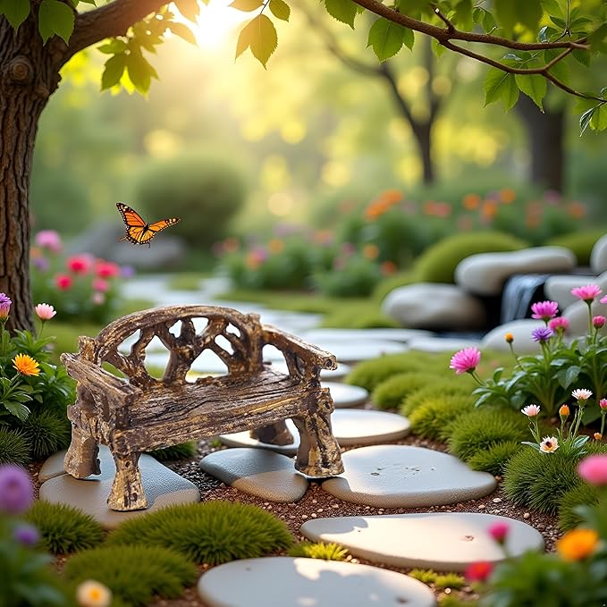 Brown Fairy Garden Furniture Ornaments Miniature Resin Chair Bench Doll House Decor Home Garden Miniatures Resin Micro Landscape Decoration Bench Furniture