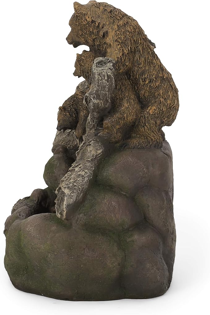 Merax 24.75" High Bear Family Fountain, Weather-Resistant Outdoor Water Feature with LED Lights, 2-Tier Waterfall for Garden Patio, Light Brown+Moss