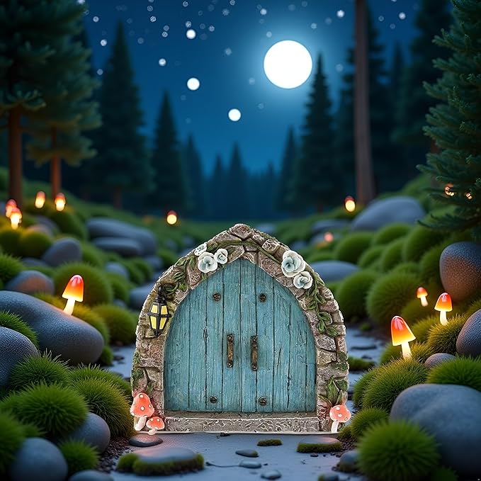 Blue Mini Fairy Garden Door for Tree, 3D Miniature Fairy Door for Fairytale Tiny House Doors, Bonsai Terrarium Micro Landscape Decoration Accessories Garden Miniatures