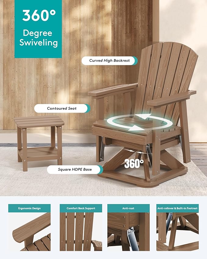 SERWALL Adirondack Swivel Glider Chair, HDPE Swivel Glider Set of 4 for Outdoor, All-Weather Glider Chair for Porch, Balcony, Wood Brown