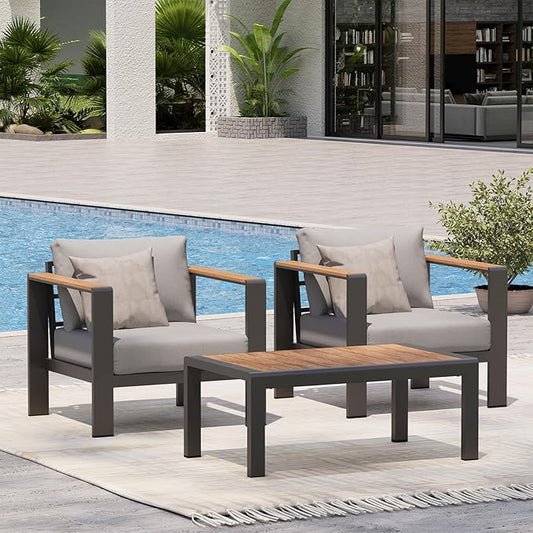 Aluminum Outdoor Sofa Bistro Set, 3 Piece Outdoor Patio Furniture Set with Washable Thick Cushion, Patio Sectional Furniture Set for Porch, Balcony, Deck, Yard, Gray