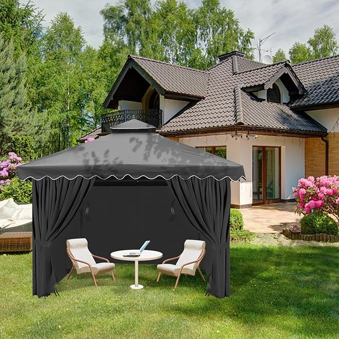 Gazebo Universal Replacement Privacy Curtain, 12'X12' Gazebo Curtains Outdoor Waterproof, 4-Panels Sidewall with Zipper for Patio, Garden and Backyard (Only Curtains, 12'X12', Black)