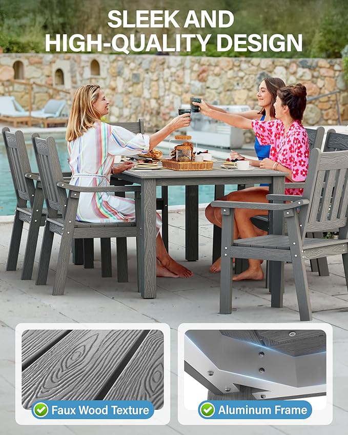 YEFU HIPS Patio Table Set: 7 Piece Outdoor Table and Chairs Dining Furniture Set with Umbrella Hole - Gray Modern Plastic Dining Sets 6 Person for Outside Deck with Metal Aluminum Frame