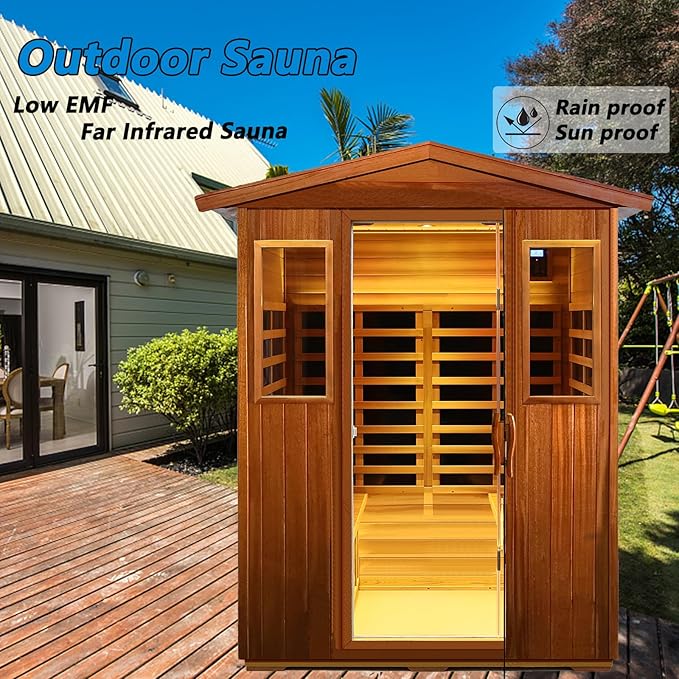 Outdoor Sauna 4 Person Low EMF Far Infrared Sauna for Home, 2050W Mahogany Wooden Sauna Room for Outdoor Indoor Home, with Blue-Tooth, LCD, LED