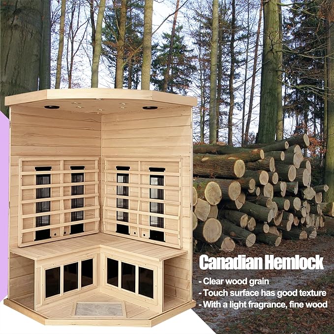Ceramic Infrared Saunas for Home, 2-3 Person Infrared Sauna, Low EMF Indoor Sauna, Home Sauna, Hemlock Wooden Sauna Room with Bluetooth Speakers, Reading Lamps, Chromotherapy Lights