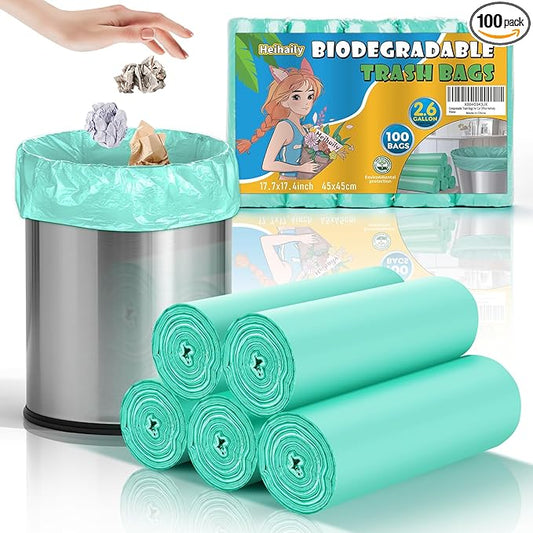 2.6 Gallon Small Trash Bags Bathroom - Green Mini Garbage Bags Biodegradable Compostable 100 Count 10 Liter Unscented Little Waste Basket Kitchen Office Car Tiny Liners Strong Thick Heihaily