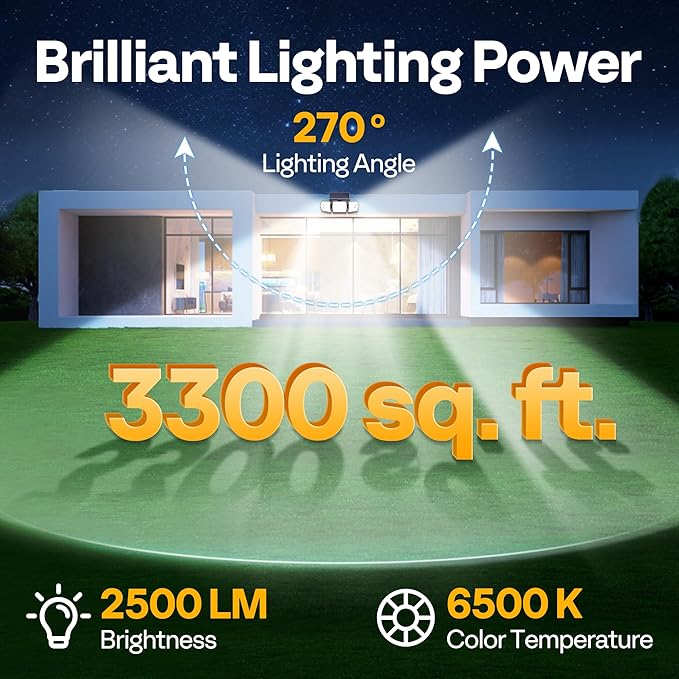 VIVOHOME Linkable Solar Lights Outdoor, Dual Roating Motion Sensor Flood Lights Solar Powered Security Light with 3 Heads, 2500LM, IP65 Waterproof for Outside, Yard, Garage, Wall, Patio
