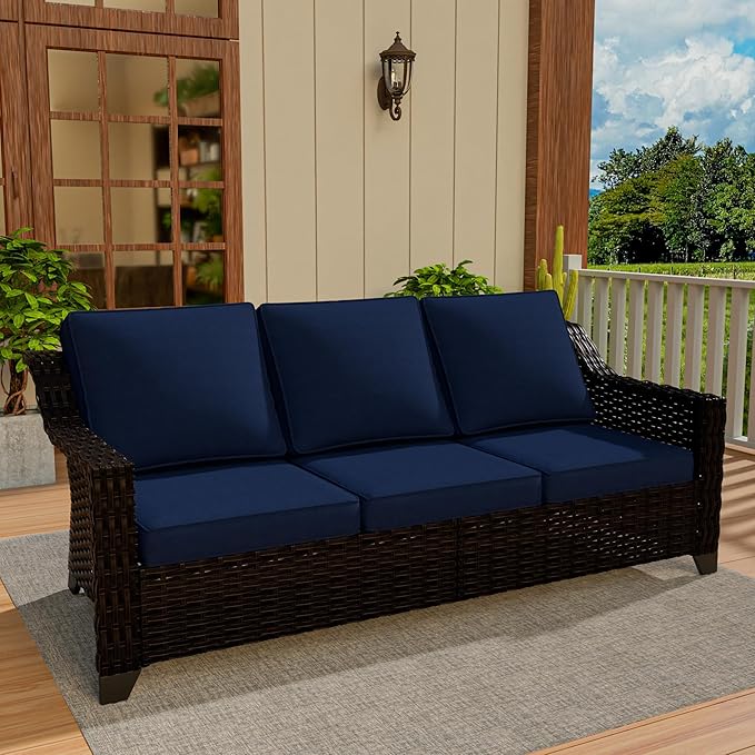Vista Vibe 78" Patio Wicker 3-seat Sofa, Deep Seat & Upholstered Loveseat, Outdoor All-Weather Rattan Couch with Removable Cushions, Steel Frame Couch for Garden, Poolside (Brown/Navy)