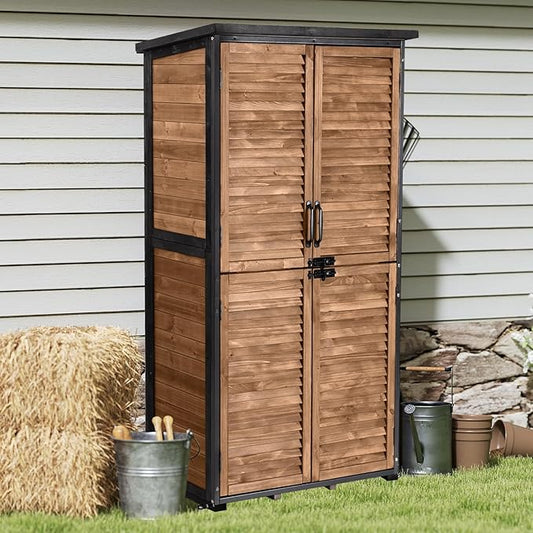 Outdoor Storage Shed, Outdoor Storage Cabinet with Sturdy Iron-Frame & Anti-Corrosion Wood, Adjustable Shelves, Weather-Resistant Louvered Door for Garden Tools, Patio Utility Tool Storage