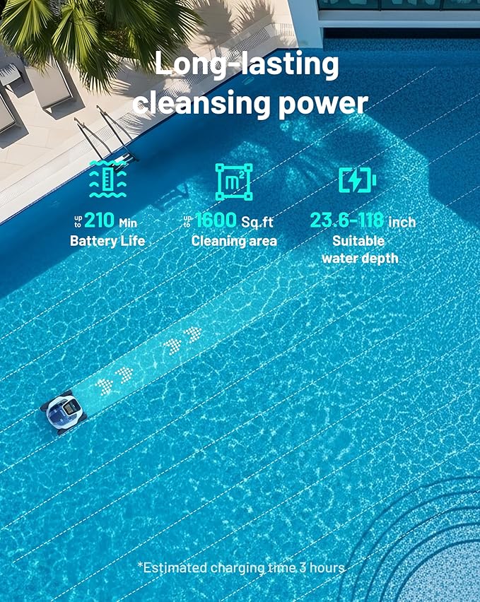 Spino E1 Cordless Robotic Pool Cleaner, 5800 GPH Suction with Triple Brushless Motors, SmartArc Path, 5 Modes, IPX8 Waterproof, 1600 sq.ft Coverage, Auto Waterline Parking, APP Control