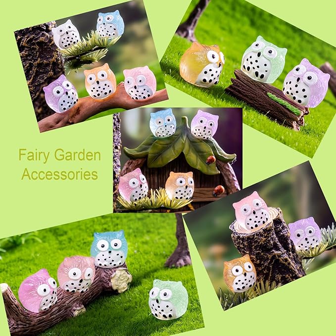 40 Pcs Luminous Mini Resin Owls, Glow in The Dark for Fairy Garden, Garden Miniatures, Plant Décor and Car Accessories