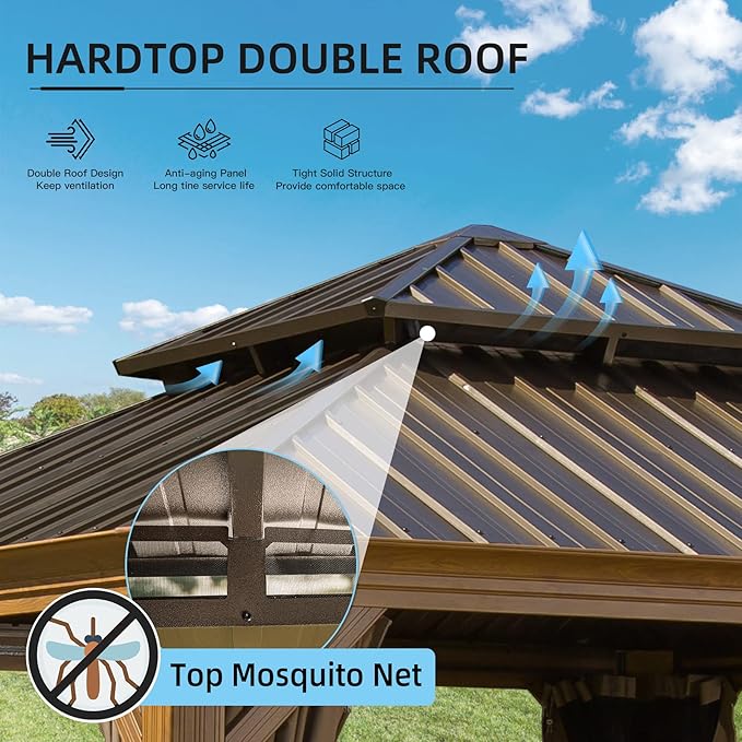 Domi Outdoor Living 12’x12’ Hardtop Gazebo, Wooden Coated Aluminum Frame Canopy with Galvanized Steel Double Roof, Outdoor Permanent Metal Pavilion with Curtains and Netting for Patio, Deck and Lawn