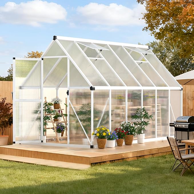 Garvee 6x11 FT Outdoor Greenhouse with Windproof Aluminum Frame, Polycarbonate Greenhouse, Lockable Door and Ajustable Roof Vent, Aluminum Walk-in Greenhouses, for Backyard, Lawn