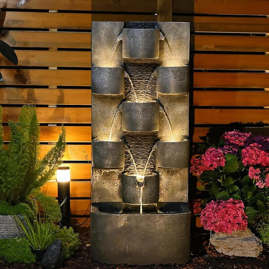 Outdoor Water Fountain Garden - Waterfall Large Water Feature Fountains with LED Lights & Pump, Concrete Artistry for Patio Yard Pool Home Decor, (45 inches Tall, Gray)