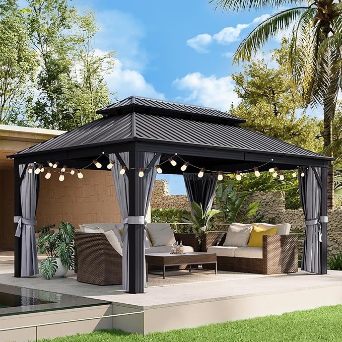 Aoxun Hardtop Gazebo 12FT X 16FT, Outdoor Pergolas with Mosquito Netting and Curtains, Galvanized Steel Double Roof Permanent Aluminum Gazebo, and LED Outdoor Waterproof Hanging Lights