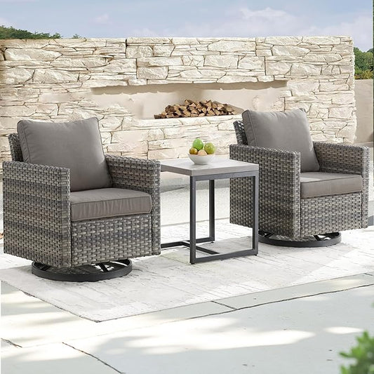 Outdoor Patio Swivel Rocker Chairs - 3 Piece Wicker Patio Furniture Bistro Swivel Rocking Chairs Set with Comfortable Cushions,Sturdy Metal Frame and Side Table for Porch Deck(Mixed Grey/Grey)