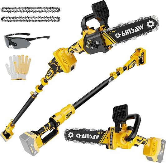 2-in-1 Cordless Pole Saw, 8 Inch Brushless Pole Chainsaws Compatibility with Dewalt 20V MAX Battery(No Battery), 8 lb Lightweight, Auto Oiling, 14.8 FT MAX Extension Pole Saws for Tree Trimming