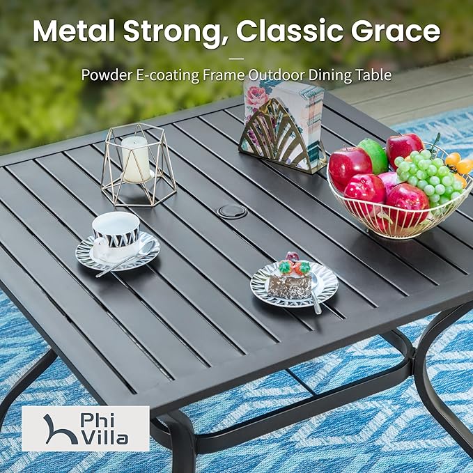 PHI VILLA 5-Piece Outdoor Dining Set, 4 Steel Metal Swivel Patio Chairs & 1 Square Dining Table, Wood-Like Pattern Armrest