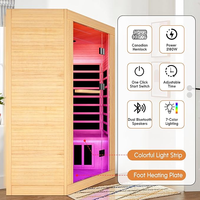 2-3 Person Sauna Corner Sauna Far Infrared Saunas Room Home Canadian Hemlock Indoor 2100W Low-EMF Dry Saunas with 7 Color Therapy 47.2 * 47.2 * 74.8inch