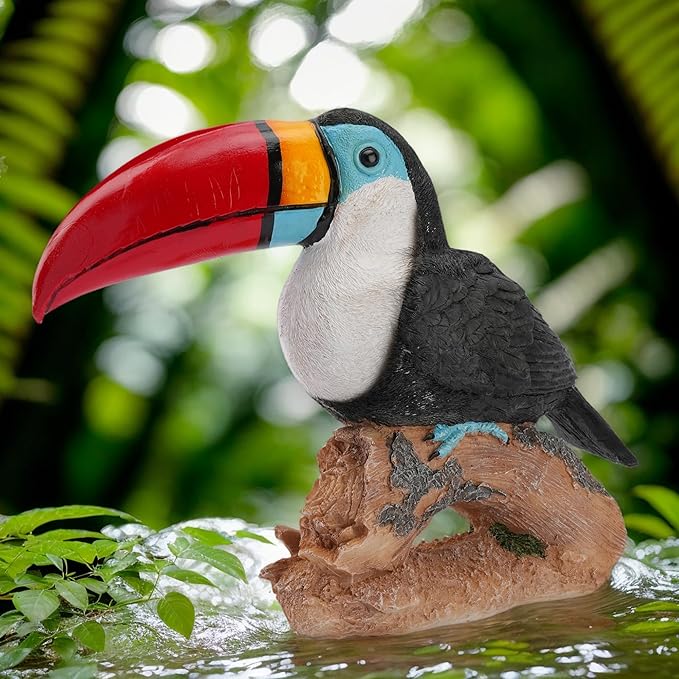 Real Toucan Statue, Vibrant Colorful Outdoor Bird Decor - 14.2" Resin Animal Sculpture, Weather-Resistant, Perfect Garden Patio Yard Ornament, Tropical Tiki Bar Accent, Unique Gift for Bird Lovers