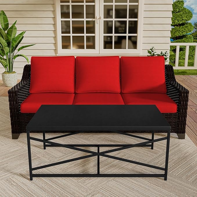 Vista Vibe 2 Pieces Outdoor Patio Conversation Furniture Set - 78" 3-seat Sofa | Metal Coffee Table, Deep Seat Loveseat, Removable Cushions, Hand-Woven PE Rattan Couch, Lawn (Brown/Red)