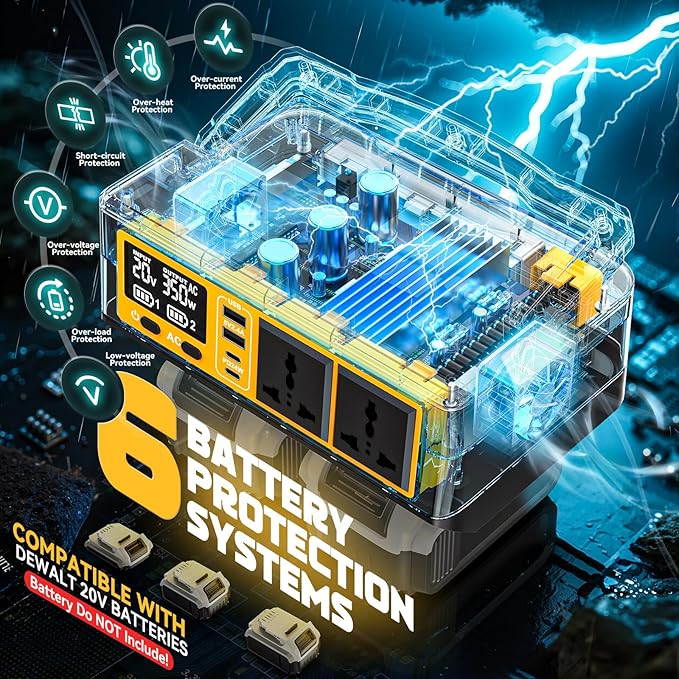 350W Power Station Compatible with Dewalt: LIVOWALNY Portable Generator DC 20V to AC 110-120V Power Inverter Battery Adapter Phone Charger 2 USB-A & 2 Type-C & 2 AC Outlet & 7 Colors RGB Light