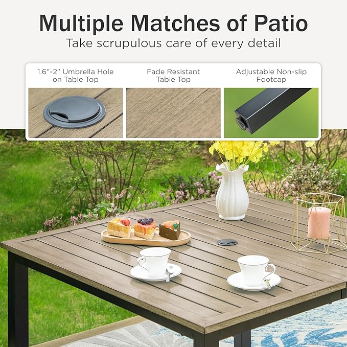 PHI VILLA 5 PCS Patio Dining Set, 4 Padded Swivel Dining Chairs & Square Brown Metal Slat Table Top with 1.57" Umbrella Hole, Outdoor Table and Chairs for All Weather