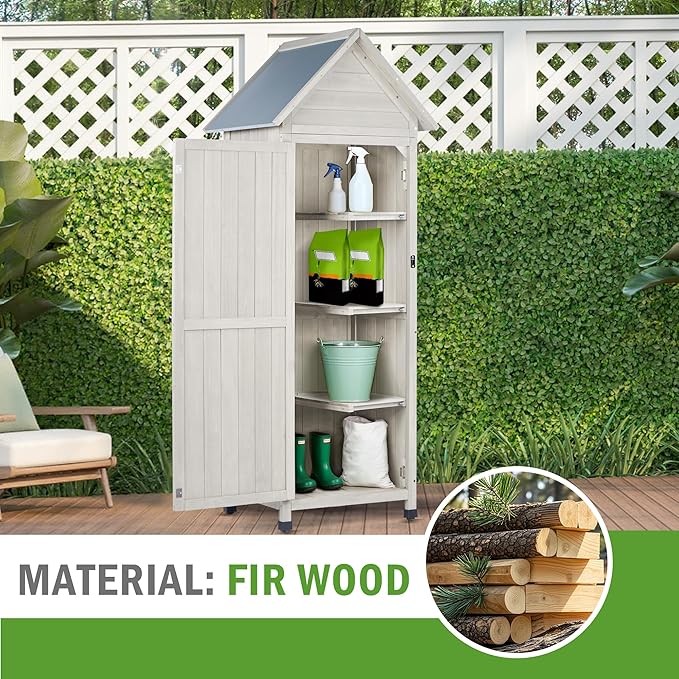 Wooden Outdoor Storage Cabinet with Waterproof Metal Roof Vertical Garden Tool Shed Adjustable Shelves, Perfect for Yards, Patios, Decks and Porches (Light Gray, 22" x 26" x 67")