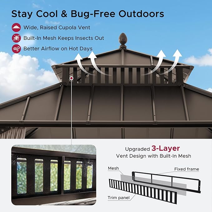 SUNJOY Kingston 10' x 10' Hardtop Gazebo with Galvanized Steel Double Roof, Curtain and Netting, Brown Aluminum Posts Permanent Pavilion Gazebo for Garden, Patio, Deck, Lawn
